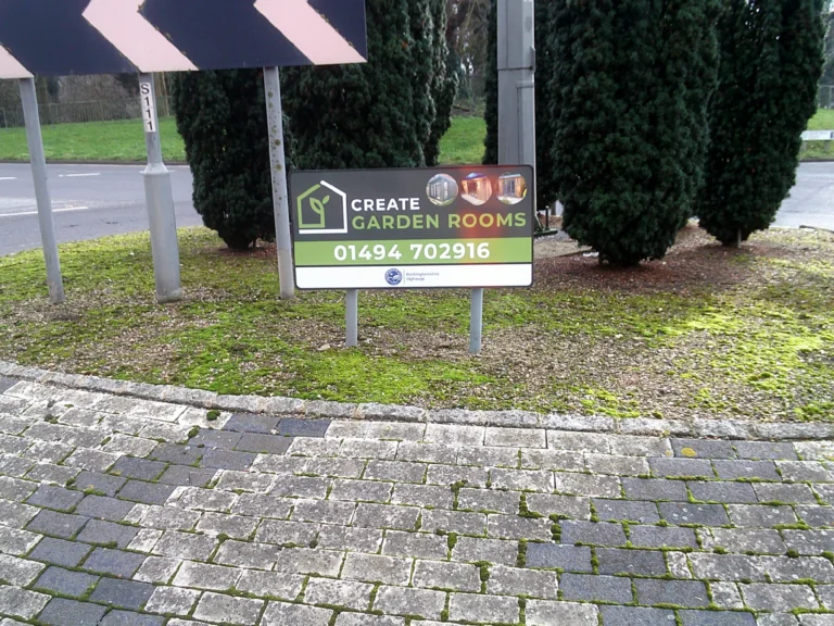 Buckinghamshire roundabout sponsorship sign for create garden rooms