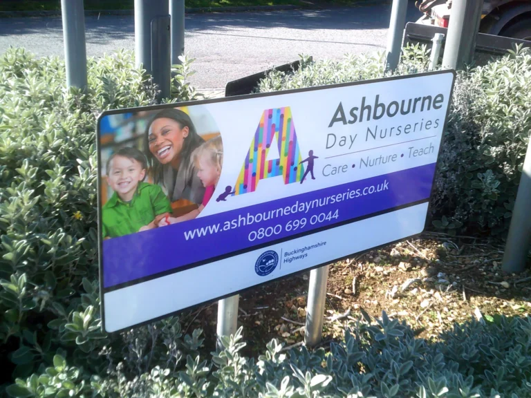 Buckinghamshire roundabout sponsorship sign for Ashbourne day nurseries